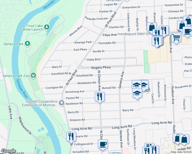 map of restaurants, bars, coffee shops, grocery stores, and more near 121 Scholfield Road in Rochester