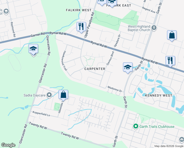 map of restaurants, bars, coffee shops, grocery stores, and more near 1334 Upper Paradise Road in Hamilton