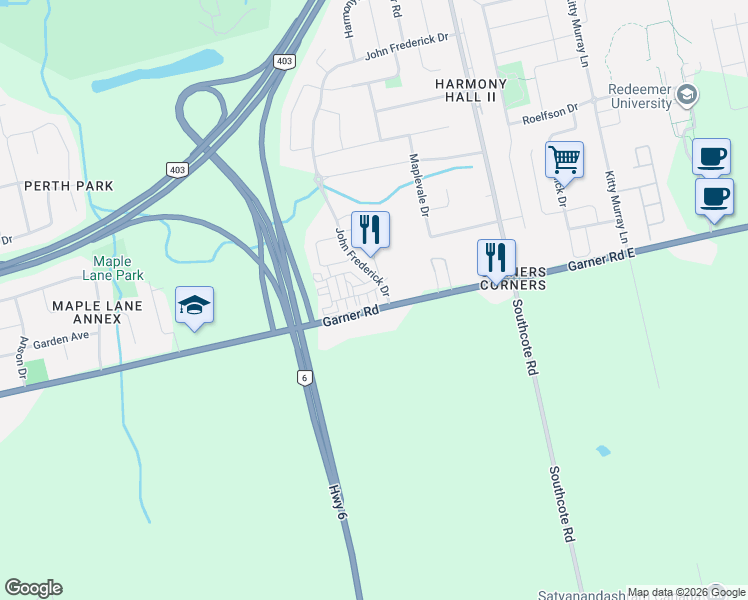 map of restaurants, bars, coffee shops, grocery stores, and more near 403 Garner Road East in Hamilton