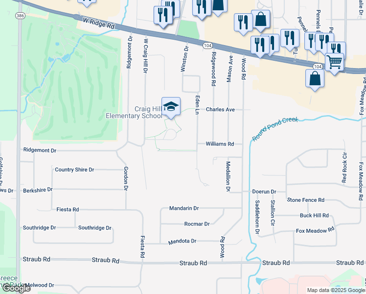 map of restaurants, bars, coffee shops, grocery stores, and more near 38 Atlee Drive in Rochester