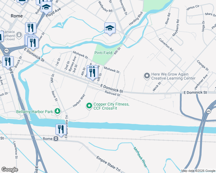 map of restaurants, bars, coffee shops, grocery stores, and more near 1028-1090 Rome Industrial Park in Rome