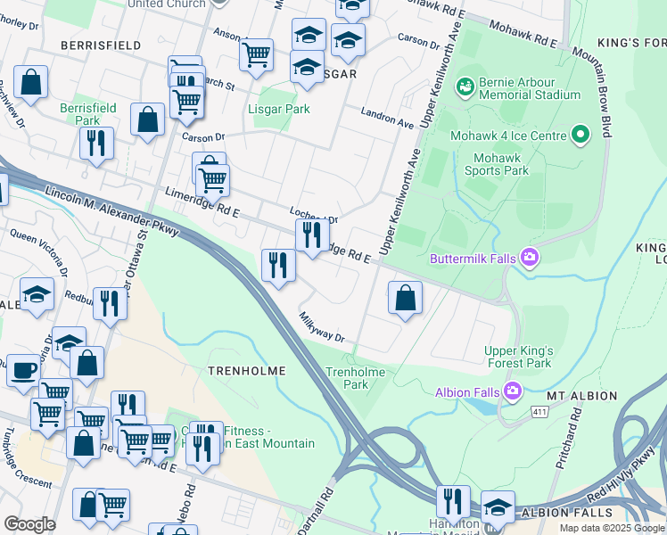 map of restaurants, bars, coffee shops, grocery stores, and more near 20 Jamie Ann Court in Hamilton