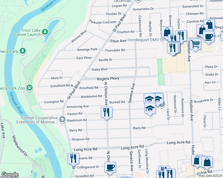 map of restaurants, bars, coffee shops, grocery stores, and more near 233 Wimbledon Road in Rochester