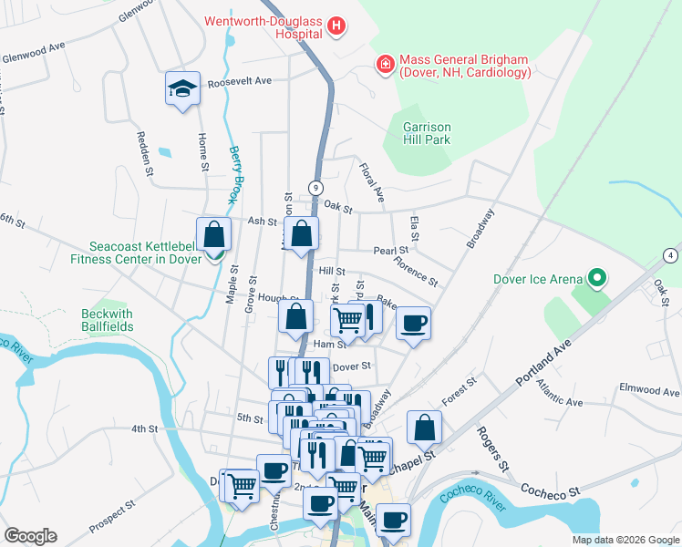map of restaurants, bars, coffee shops, grocery stores, and more near 48 East Concord Street in Dover