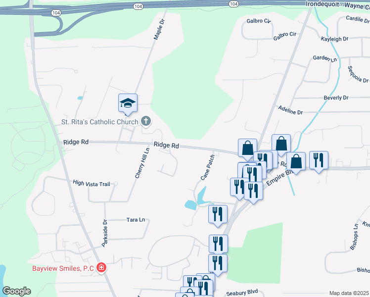map of restaurants, bars, coffee shops, grocery stores, and more near 539 Ridge Road in Webster
