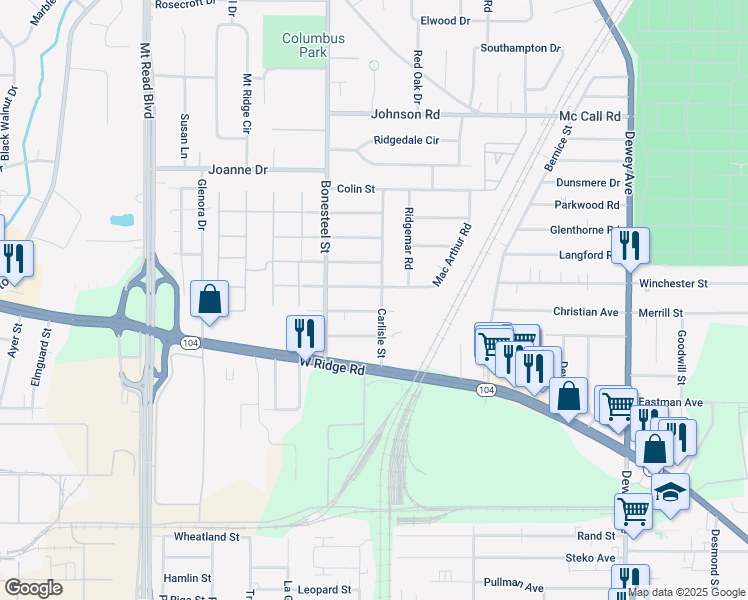 map of restaurants, bars, coffee shops, grocery stores, and more near 66 Carlisle Street in Rochester