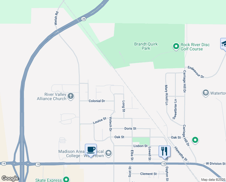 map of restaurants, bars, coffee shops, grocery stores, and more near 625 Votech Drive in Watertown