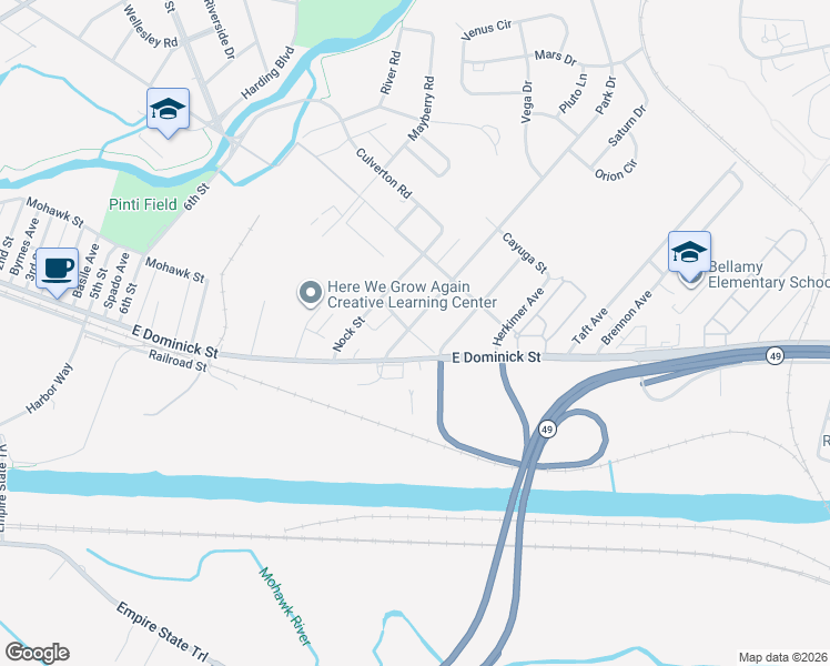 map of restaurants, bars, coffee shops, grocery stores, and more near 1471-1499 E Dominick St in Rome