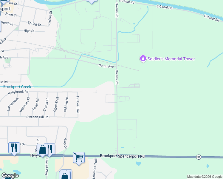 map of restaurants, bars, coffee shops, grocery stores, and more near 96 Woodlands in Brockport