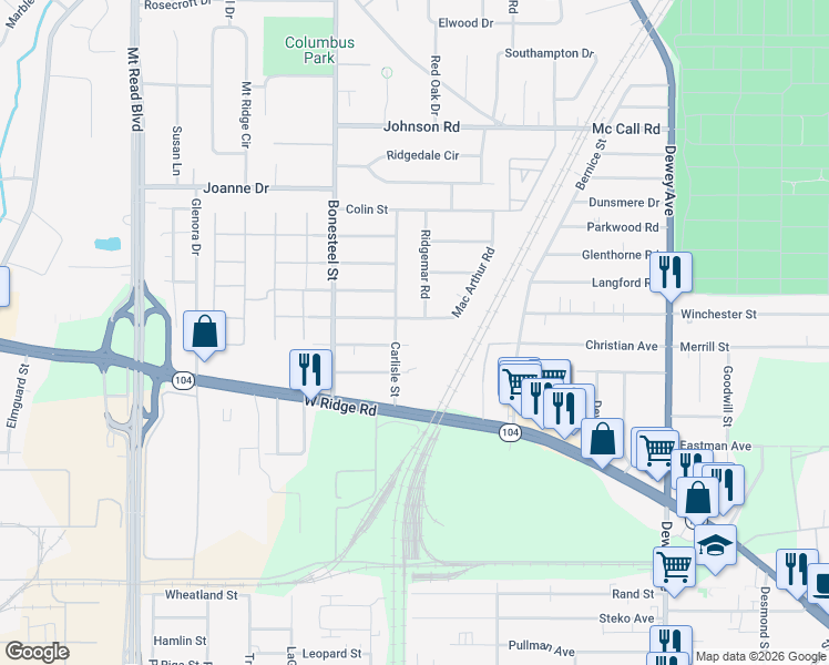 map of restaurants, bars, coffee shops, grocery stores, and more near 66 Carlisle Street in Rochester