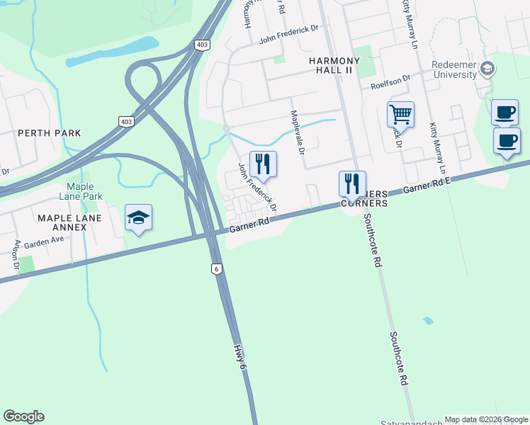 map of restaurants, bars, coffee shops, grocery stores, and more near 403 Garner Road East in Hamilton