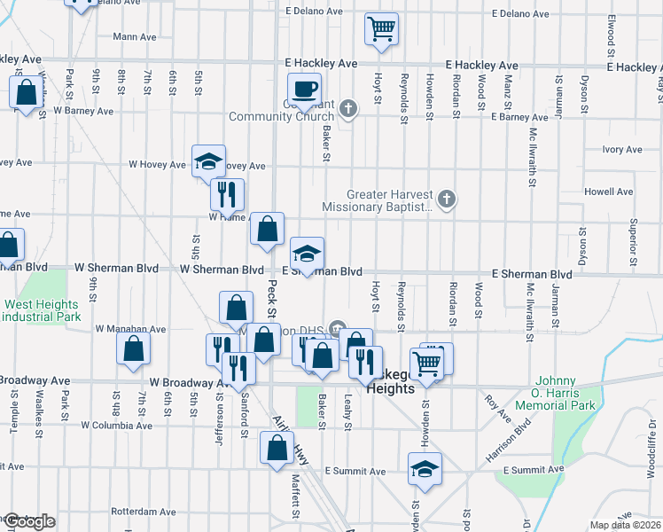 map of restaurants, bars, coffee shops, grocery stores, and more near 2603 Leahy Street in Muskegon Heights