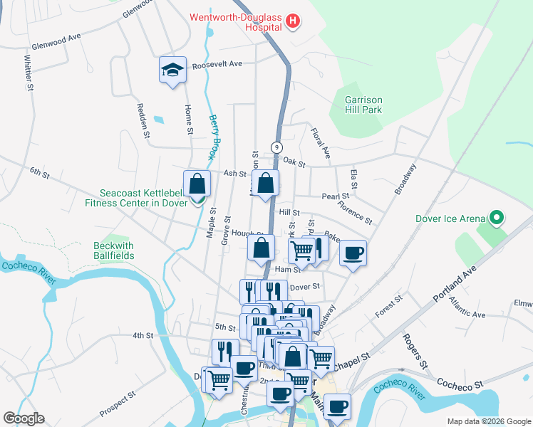 map of restaurants, bars, coffee shops, grocery stores, and more near 45 Mount Vernon Street in Dover