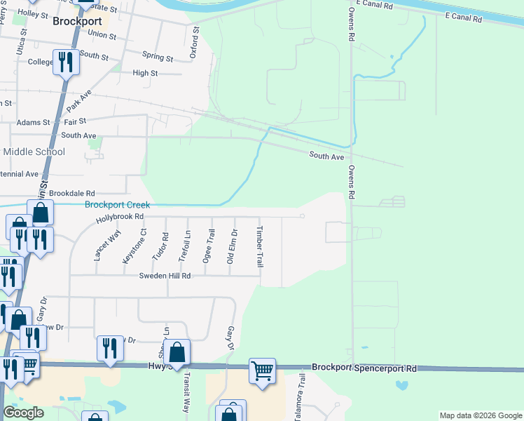 map of restaurants, bars, coffee shops, grocery stores, and more near 5 Timber Trail in Brockport