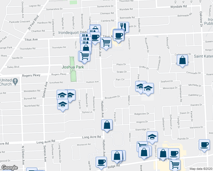 map of restaurants, bars, coffee shops, grocery stores, and more near 2026 Hudson Avenue in Rochester
