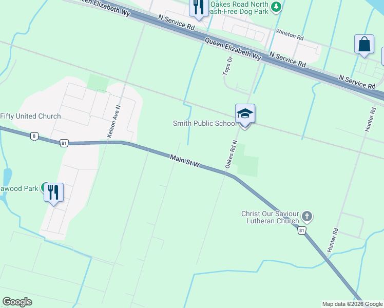 map of restaurants, bars, coffee shops, grocery stores, and more near 524 Main Street West in Grimsby