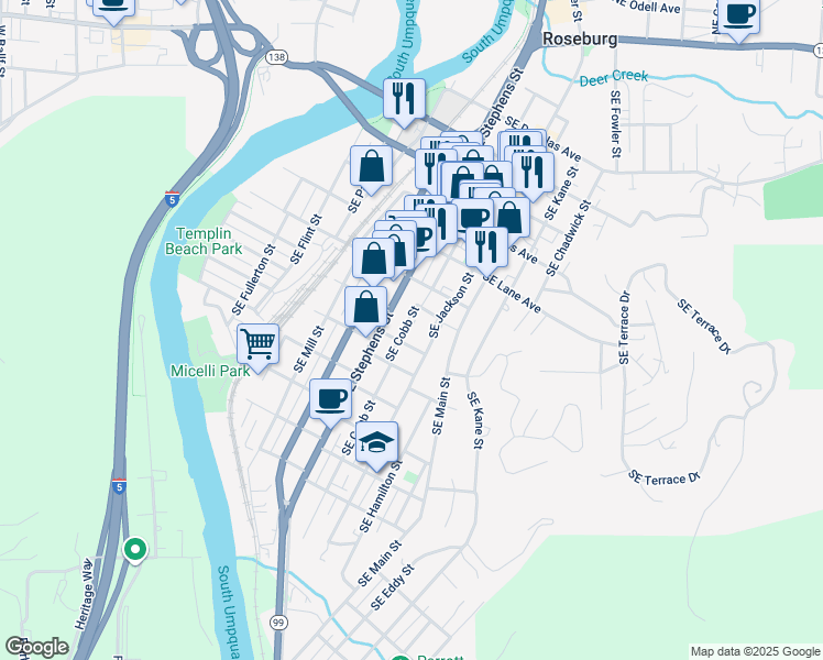 map of restaurants, bars, coffee shops, grocery stores, and more near 941 Southeast Stephens Street in Roseburg