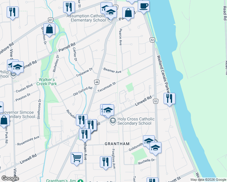 map of restaurants, bars, coffee shops, grocery stores, and more near 23 Heywood Avenue in St. Catharines