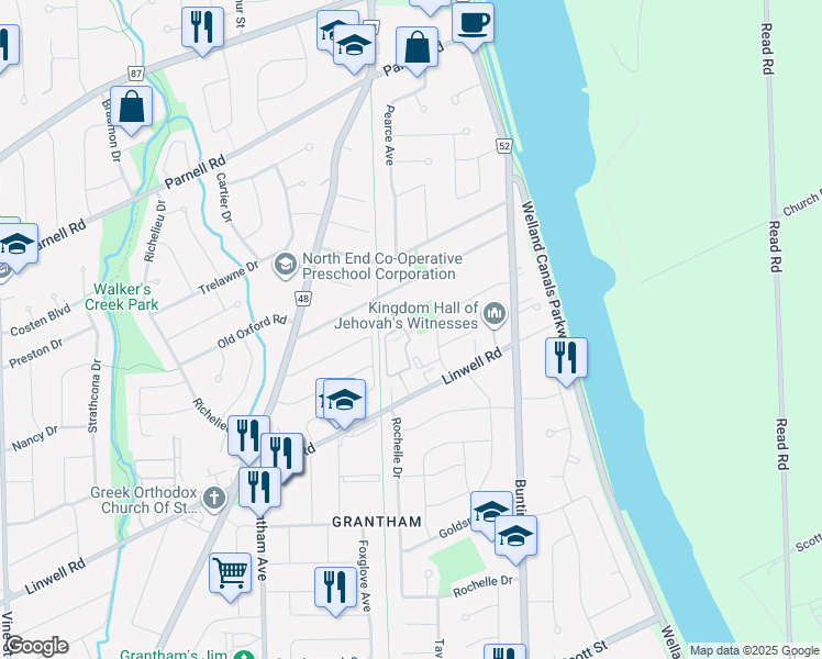 map of restaurants, bars, coffee shops, grocery stores, and more near 2 Weiden Street in St. Catharines