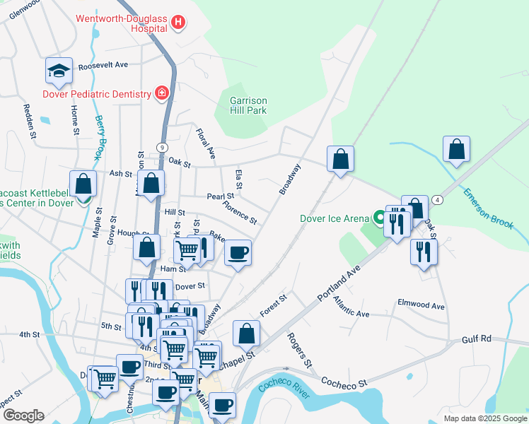 map of restaurants, bars, coffee shops, grocery stores, and more near 120 Broadway in Dover
