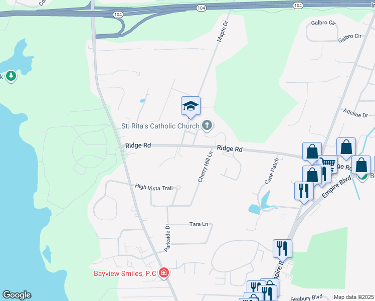 map of restaurants, bars, coffee shops, grocery stores, and more near 474 Ridge Road in Webster
