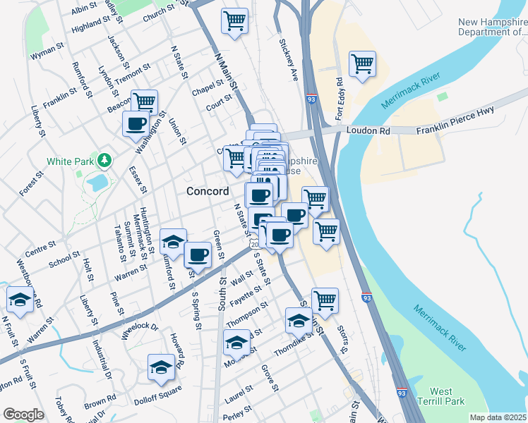 map of restaurants, bars, coffee shops, grocery stores, and more near 1 Capitol Street in Concord