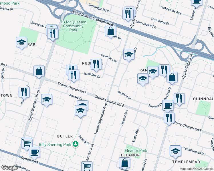 map of restaurants, bars, coffee shops, grocery stores, and more near 1336 Upper Sherman Avenue in Hamilton