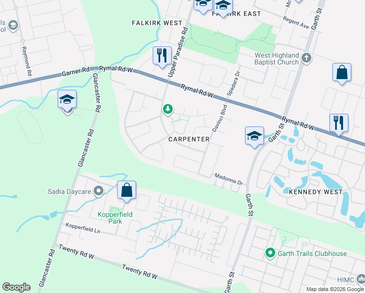 map of restaurants, bars, coffee shops, grocery stores, and more near 1309 Upper Paradise Road in Hamilton