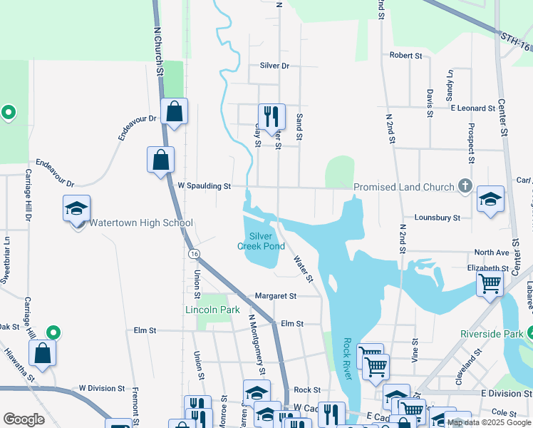 map of restaurants, bars, coffee shops, grocery stores, and more near 760 Water Street in Watertown
