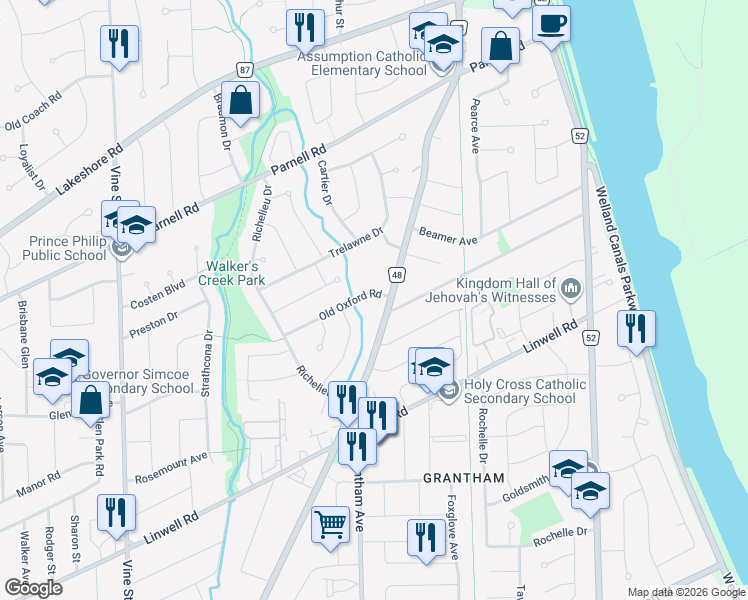 map of restaurants, bars, coffee shops, grocery stores, and more near 33 Old Oxford Road in St. Catharines
