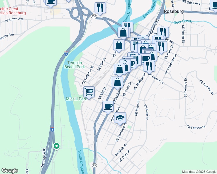 map of restaurants, bars, coffee shops, grocery stores, and more near 1205 Southeast Mill Street in Roseburg