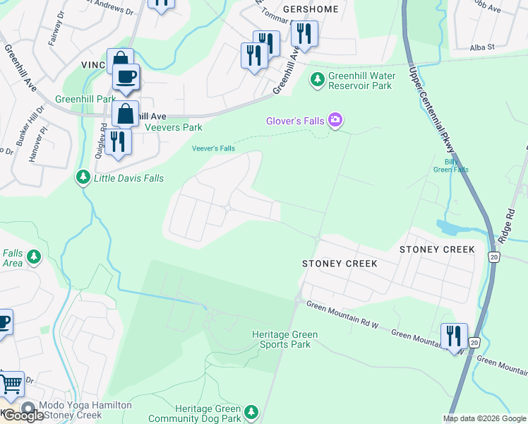 map of restaurants, bars, coffee shops, grocery stores, and more near 204 Bedrock Drive in Hamilton