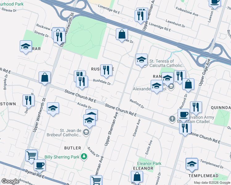 map of restaurants, bars, coffee shops, grocery stores, and more near 83 Rushdale Drive in Hamilton