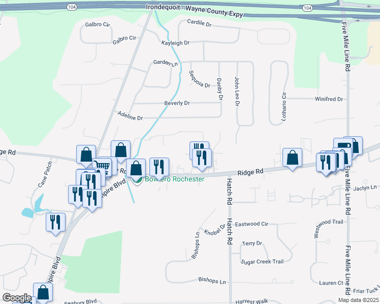 map of restaurants, bars, coffee shops, grocery stores, and more near 1065 Heritage Park Drive in Webster