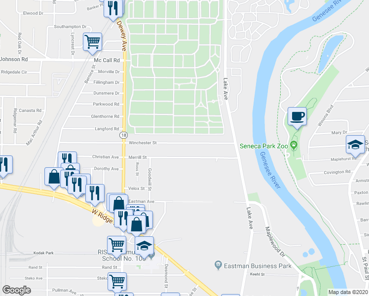map of restaurants, bars, coffee shops, grocery stores, and more near 174 Winchester Street in Rochester