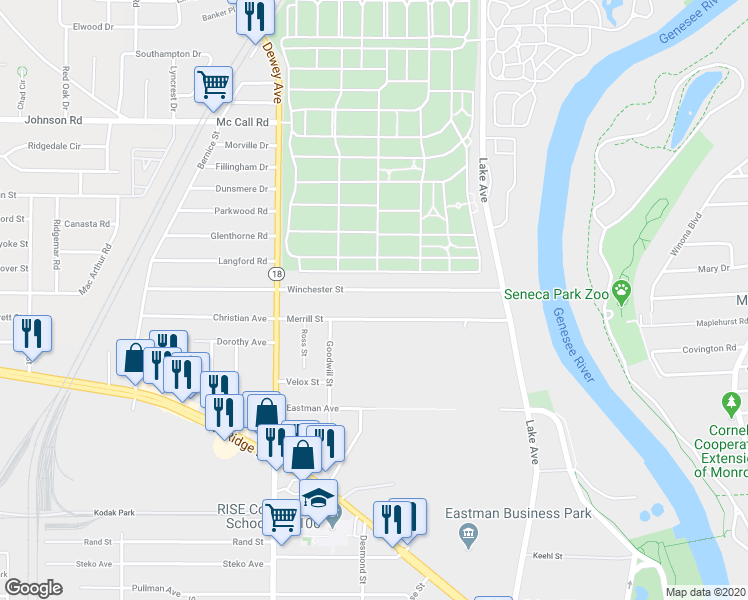 map of restaurants, bars, coffee shops, grocery stores, and more near 174 Winchester Street in Rochester
