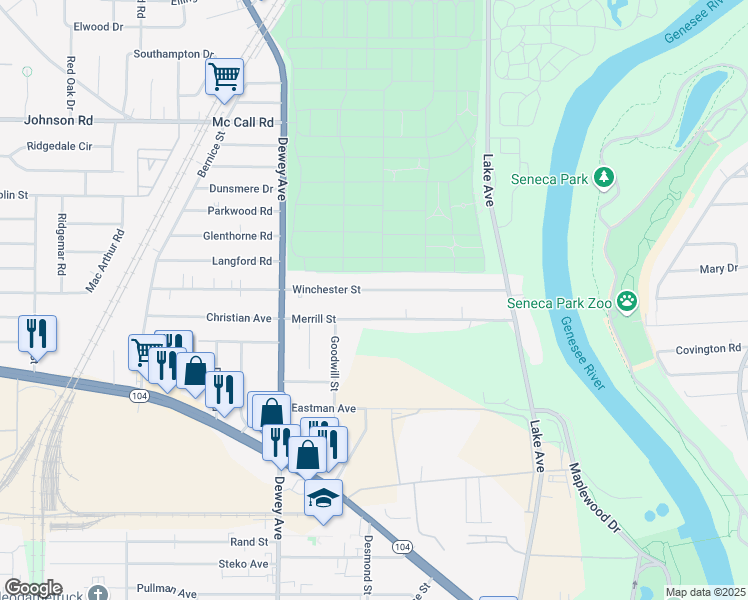 map of restaurants, bars, coffee shops, grocery stores, and more near 174 Winchester Street in Rochester