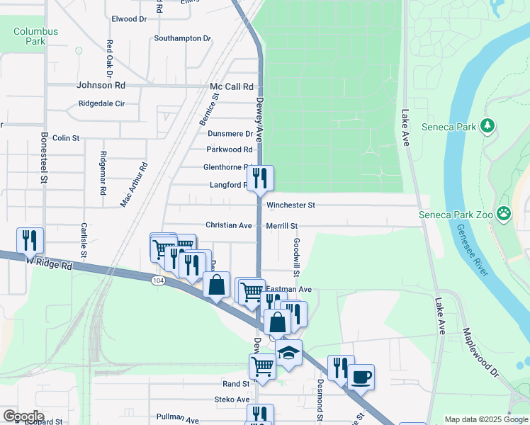 map of restaurants, bars, coffee shops, grocery stores, and more near 2064 Dewey Avenue in Rochester