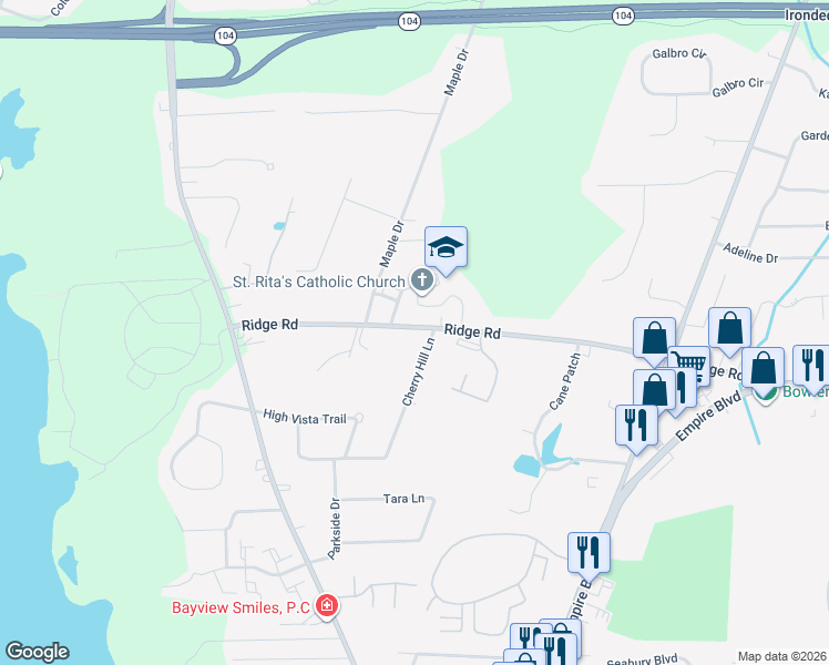 map of restaurants, bars, coffee shops, grocery stores, and more near 488 Ridge Road in Webster
