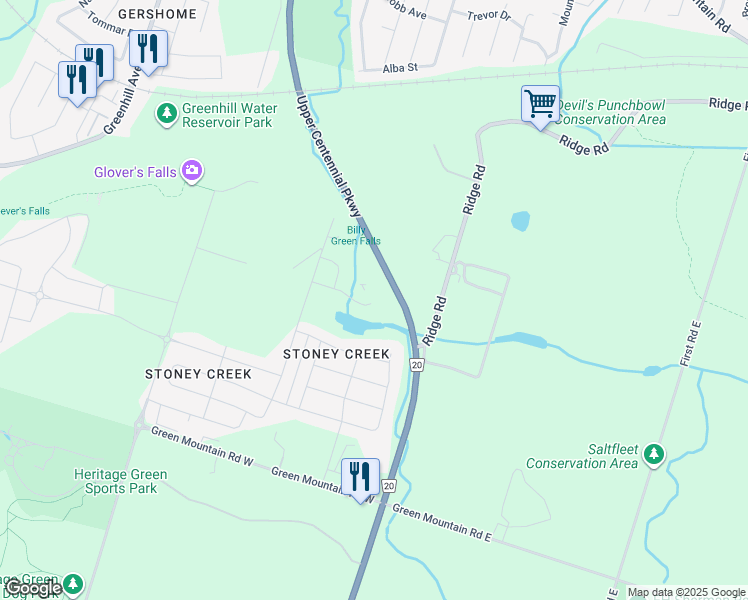 map of restaurants, bars, coffee shops, grocery stores, and more near 35 Midhurst Heights in Hamilton