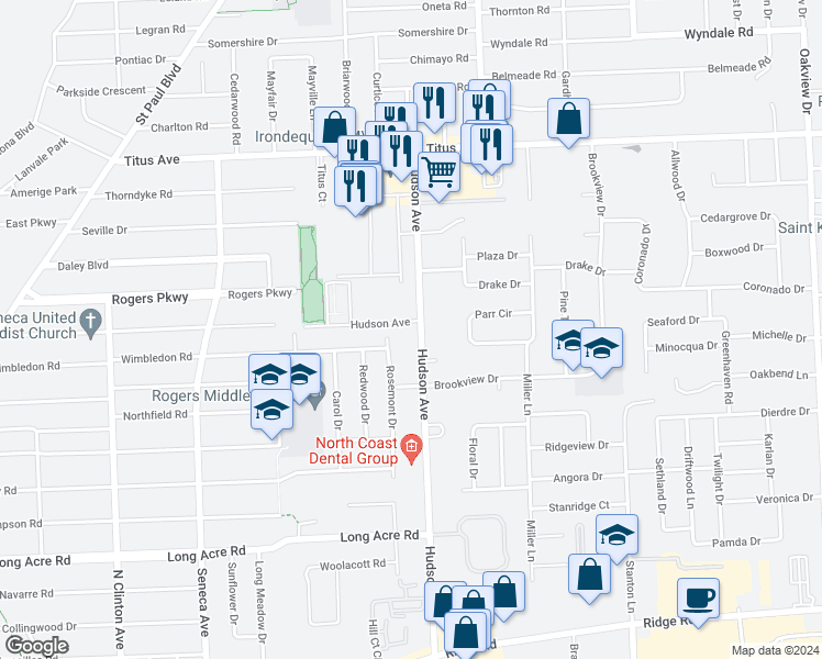 map of restaurants, bars, coffee shops, grocery stores, and more near 2055 Hudson Avenue in Rochester
