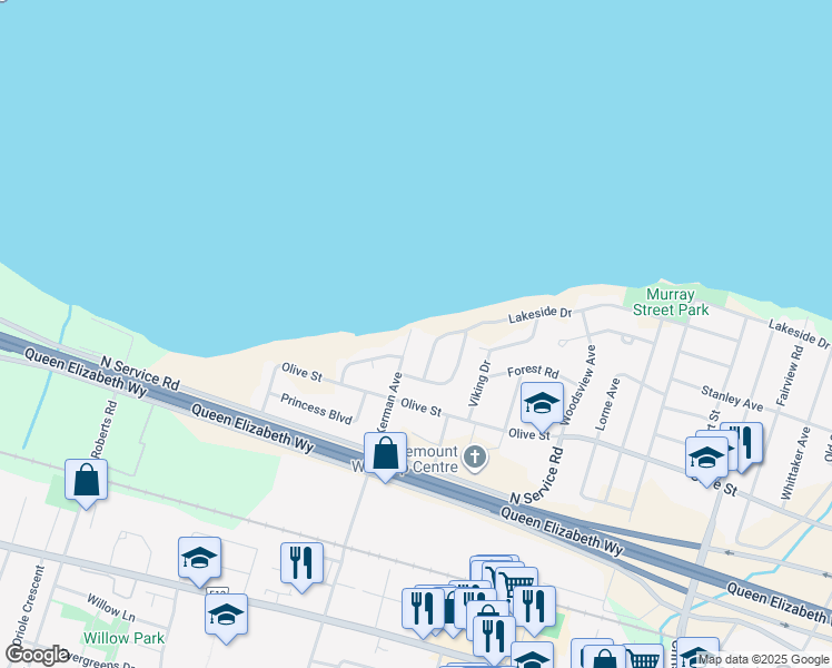 map of restaurants, bars, coffee shops, grocery stores, and more near 408 Kerman Avenue in Grimsby
