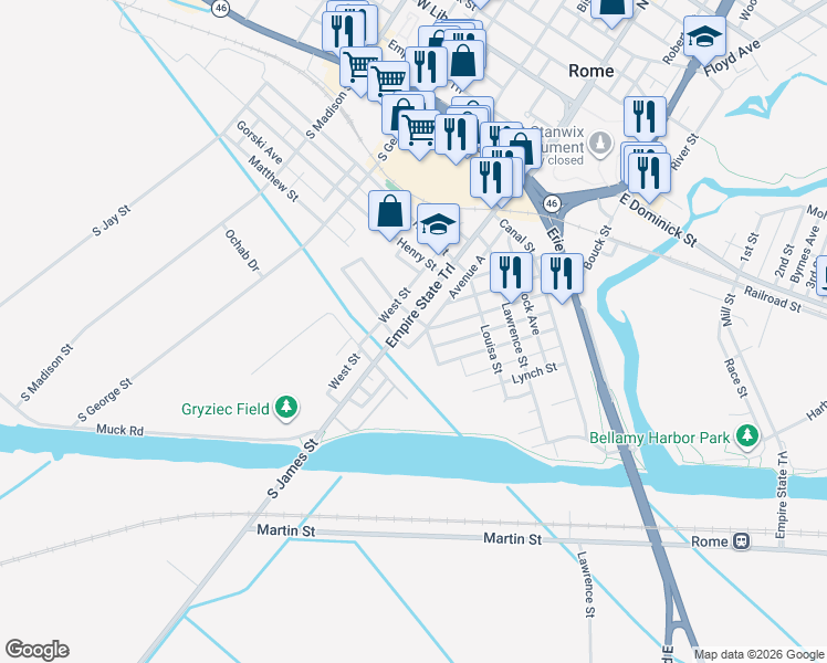map of restaurants, bars, coffee shops, grocery stores, and more near 437 South James Street in Rome