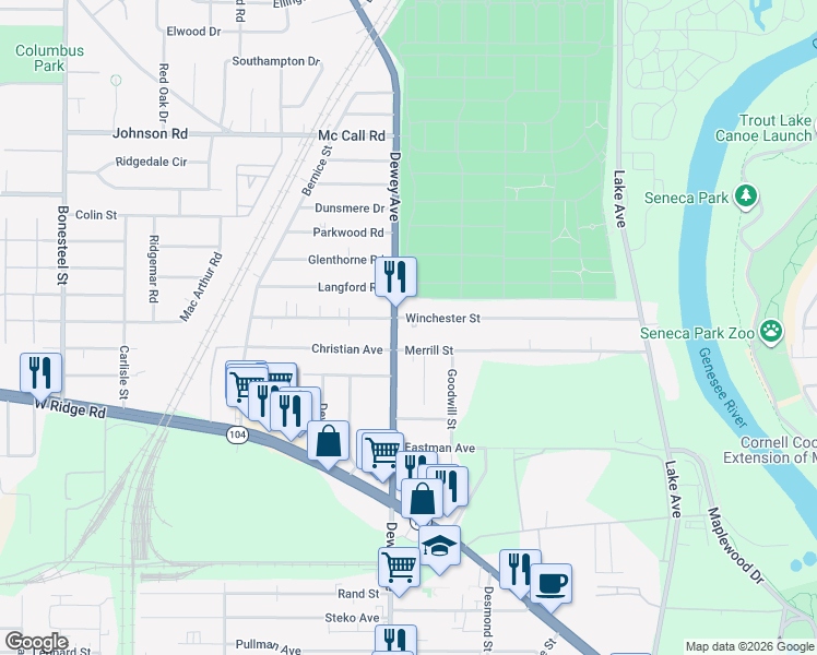 map of restaurants, bars, coffee shops, grocery stores, and more near 2040 Dewey Avenue in Rochester