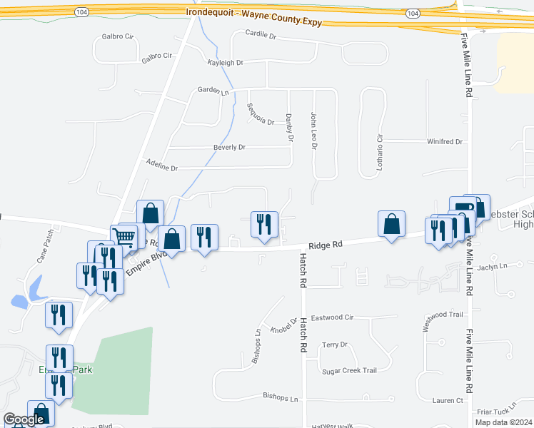 map of restaurants, bars, coffee shops, grocery stores, and more near 1030 Heritage Park Drive in Webster