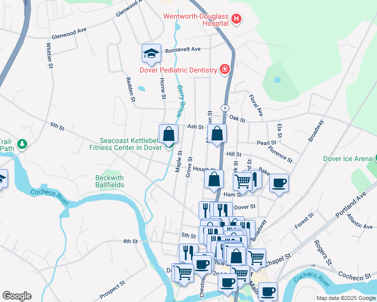 map of restaurants, bars, coffee shops, grocery stores, and more near 98 Grove Street in Dover
