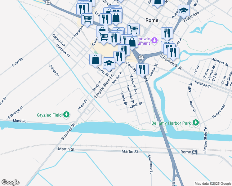 map of restaurants, bars, coffee shops, grocery stores, and more near 404 Depeyster Street in Rome