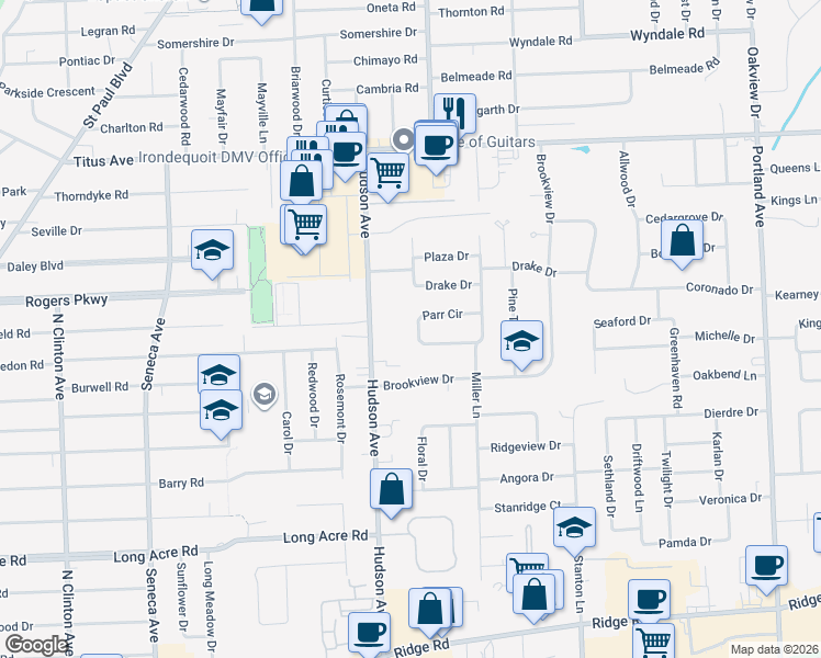 map of restaurants, bars, coffee shops, grocery stores, and more near 20 Parr Circle in Rochester