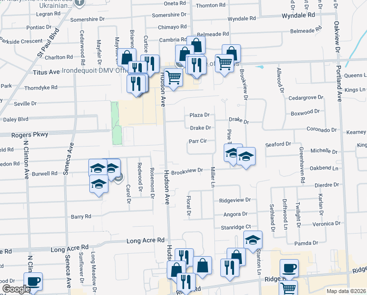 map of restaurants, bars, coffee shops, grocery stores, and more near 24 Parr Circle in Rochester