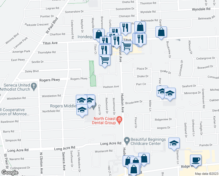 map of restaurants, bars, coffee shops, grocery stores, and more near 2065 Hudson Avenue in Irondequoit
